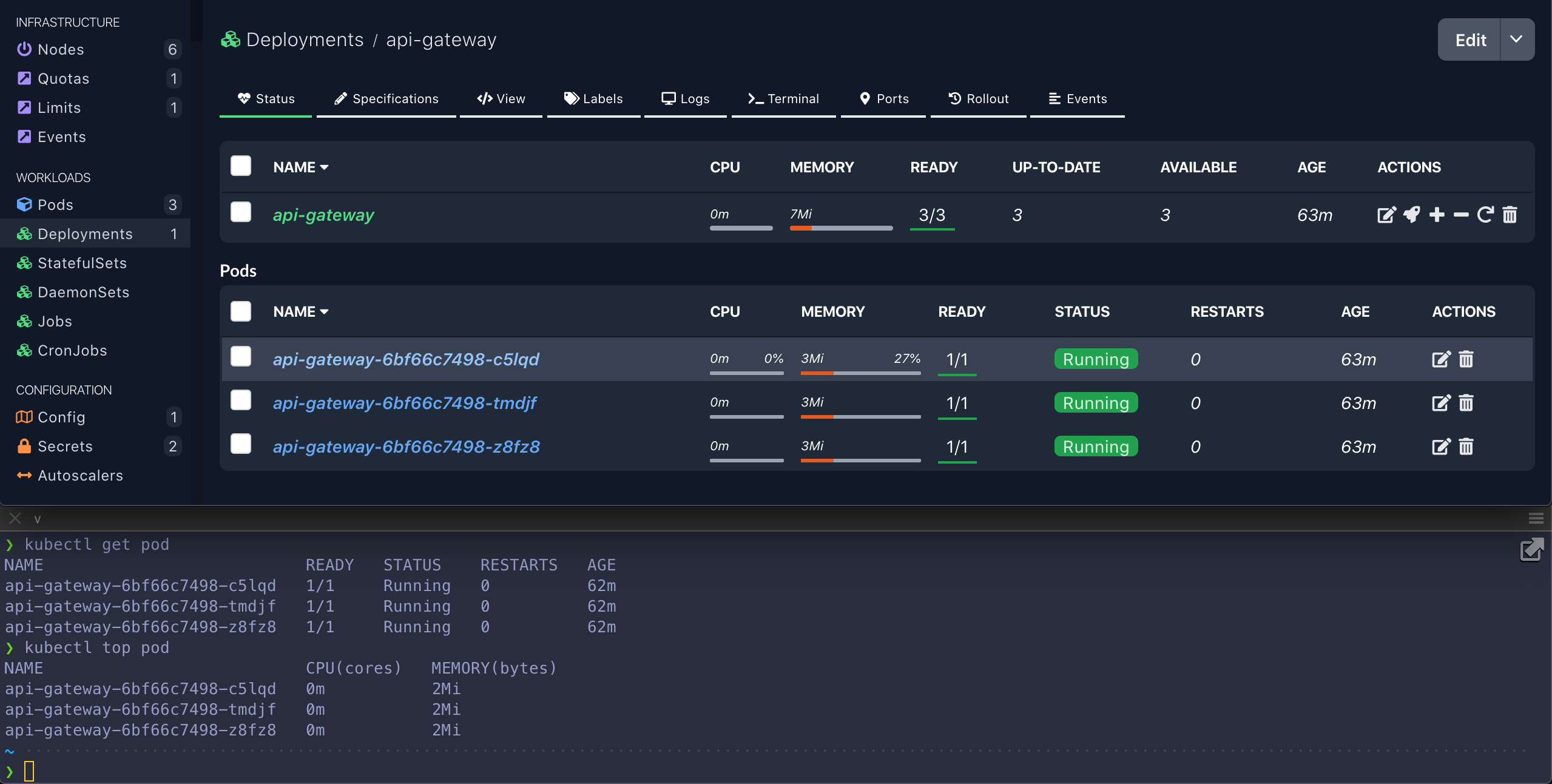 CPU and Memory metrics columns display aggregated info of 'kubectl top'